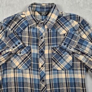 Salt Valley Western Shirt Mens Medium Blue Plaid Pearl Snap Button Up Pockets